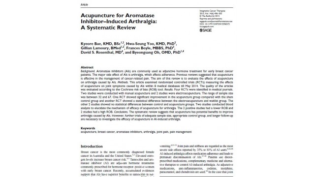Acupuncture for Aromatase Inhibitor-Induced Arthralgia:A Systematic Review 논문초록